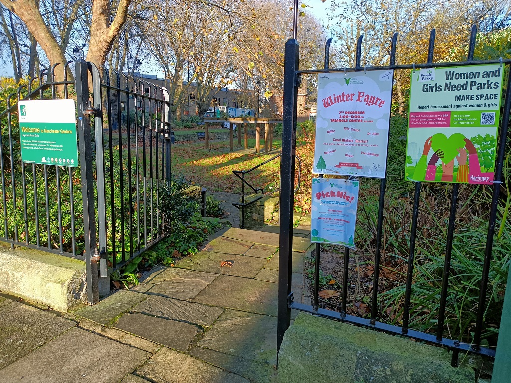 Manchester Gardens with some posters about VCRA events and activities Manchester Gardens with some posters about VCRA events and activities