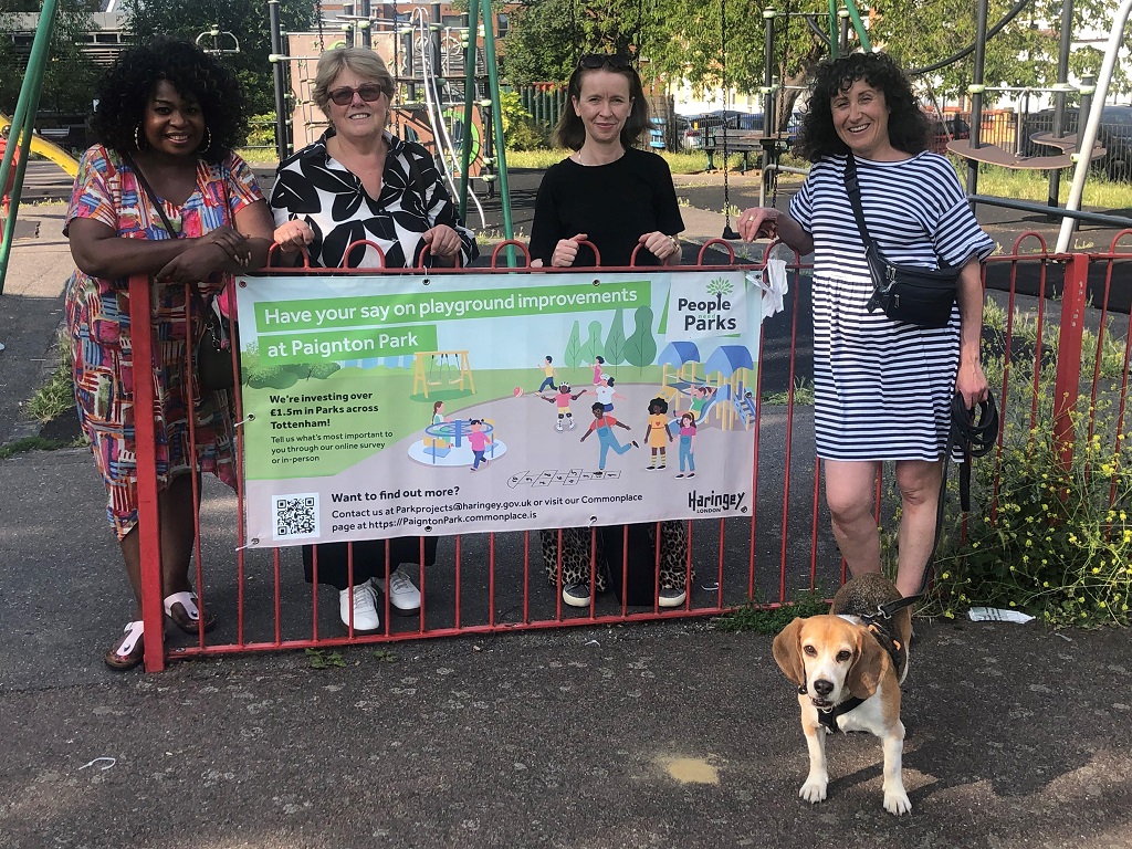 Cllr Arkell visits Friends groups and community leaders at Markfield Park and Paignton Park: From the left: Cllr Michelle Simmons-Safo (one of our two Local Councillors and also Deputy Mayor of Haringey), Cllr Barbara Blake (one of our two Local Councillors), Cllr Emily Arkell (Local Councillor and Cabinet Member for Culture and Leisure) and Beck Dabscheck (Chair, VCRA) with Pablo the Beagle.